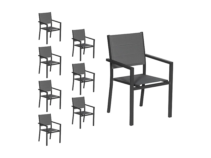 Lot de 8 chaises rembourrées en aluminium anthracite - textilène gris - HAPPY GARDEN