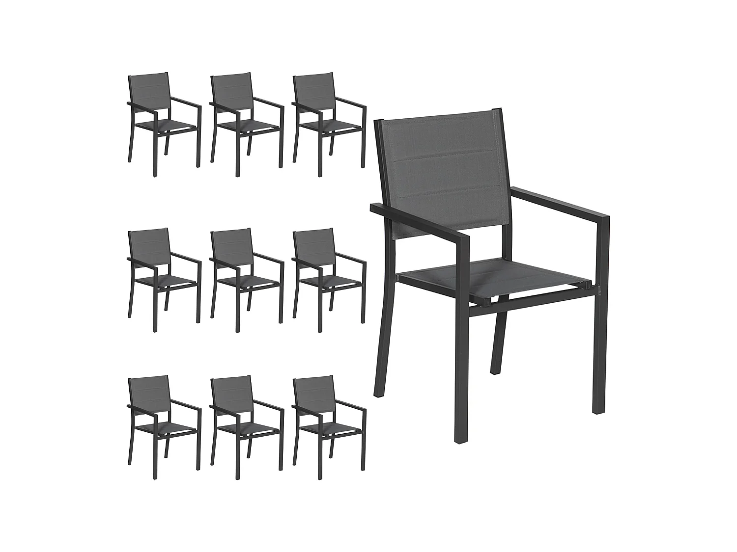 Lot de 10 chaises rembourrées en aluminium anthracite - textilène gris - HAPPY GARDEN