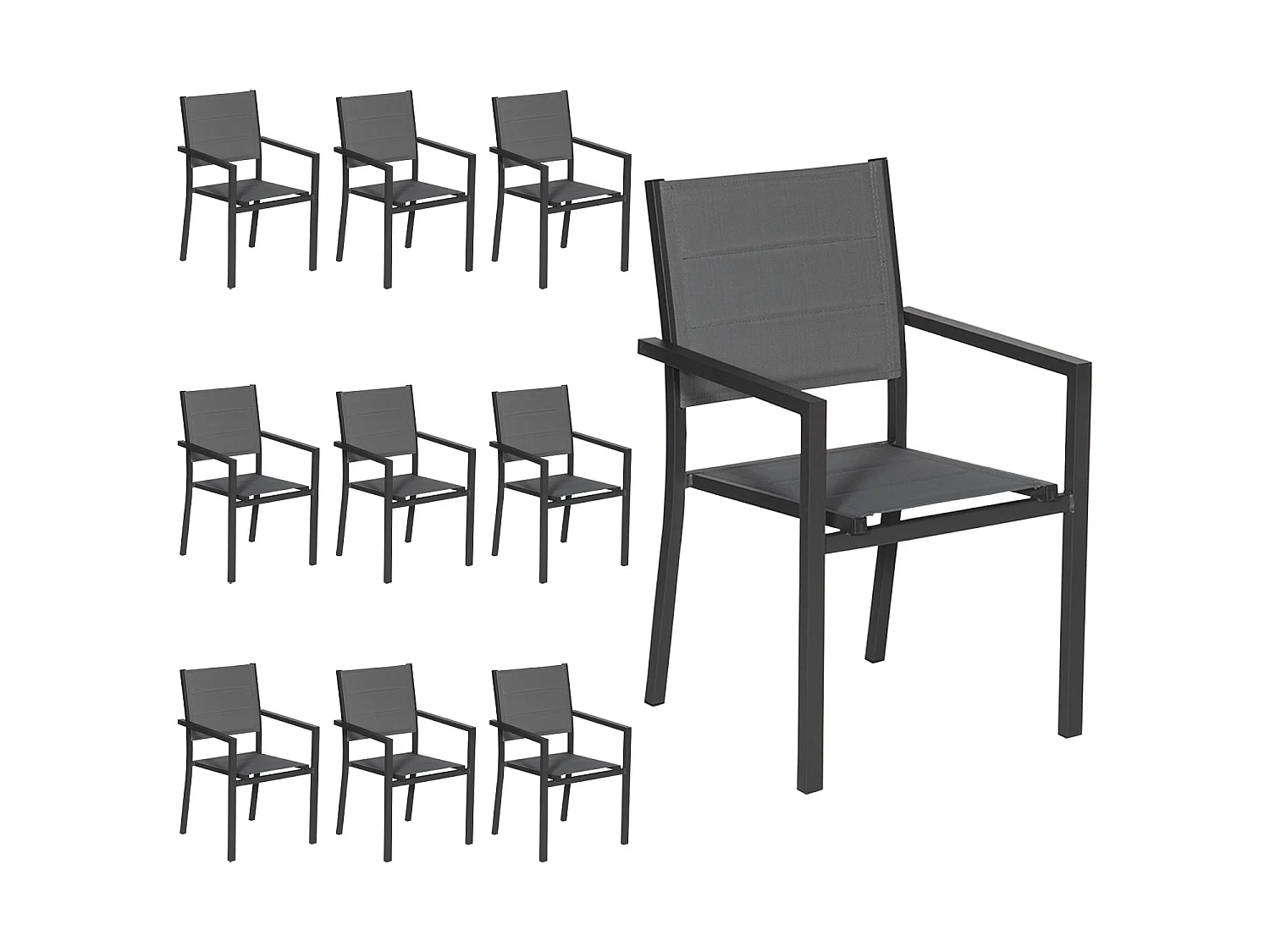 Lot de 10 chaises rembourrées en aluminium anthracite - textilène gris - HAPPY GARDEN