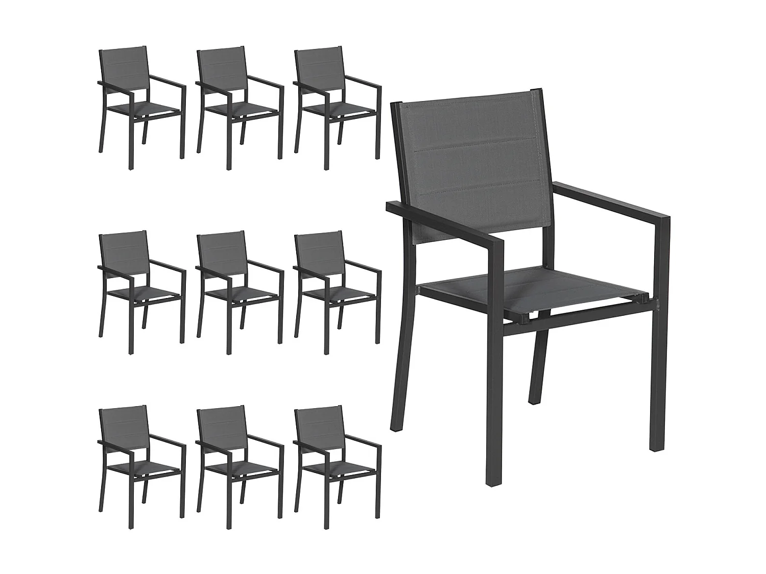 Lot de 10 chaises rembourrées en aluminium anthracite - textilène gris - HAPPY GARDEN