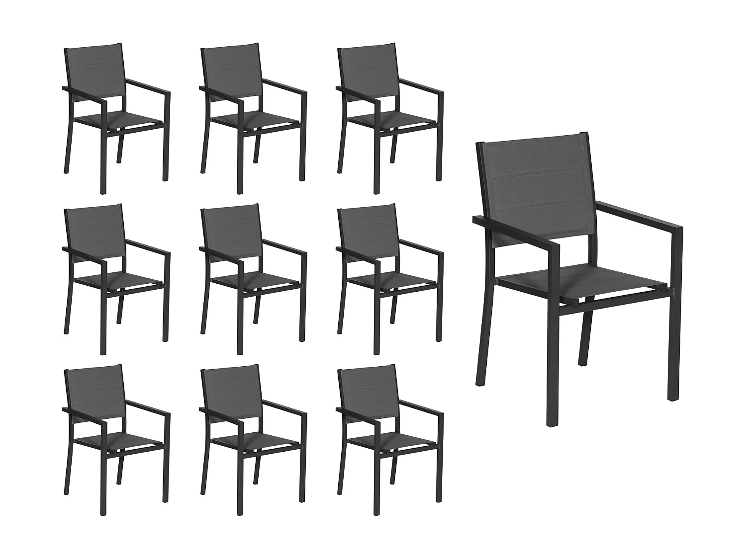 Lot de 10 chaises rembourrées en aluminium anthracite - textilène gris - HAPPY GARDEN