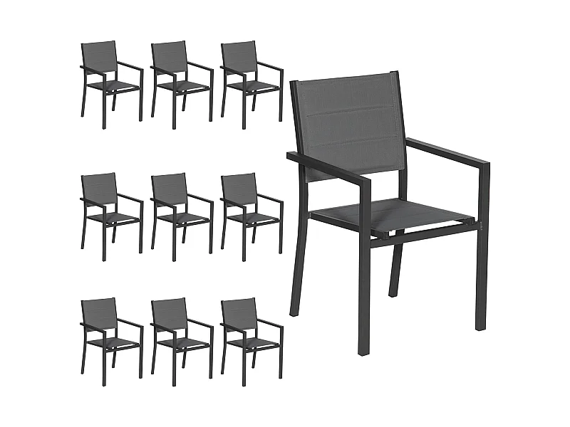 Lot de 10 chaises rembourrées en aluminium anthracite - textilène gris - HAPPY GARDEN