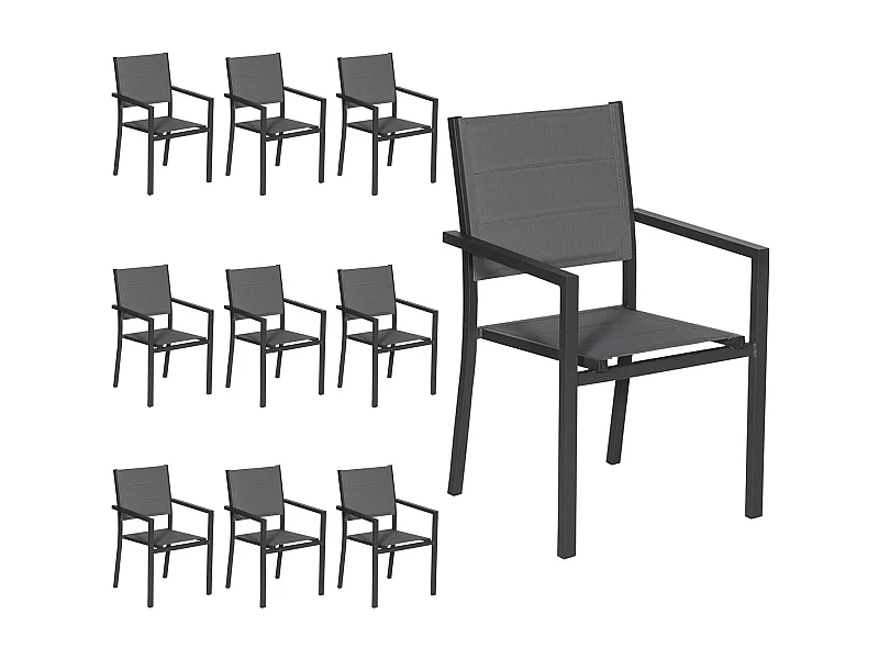 Lot de 10 chaises rembourrées en aluminium anthracite - textilène gris - HAPPY GARDEN