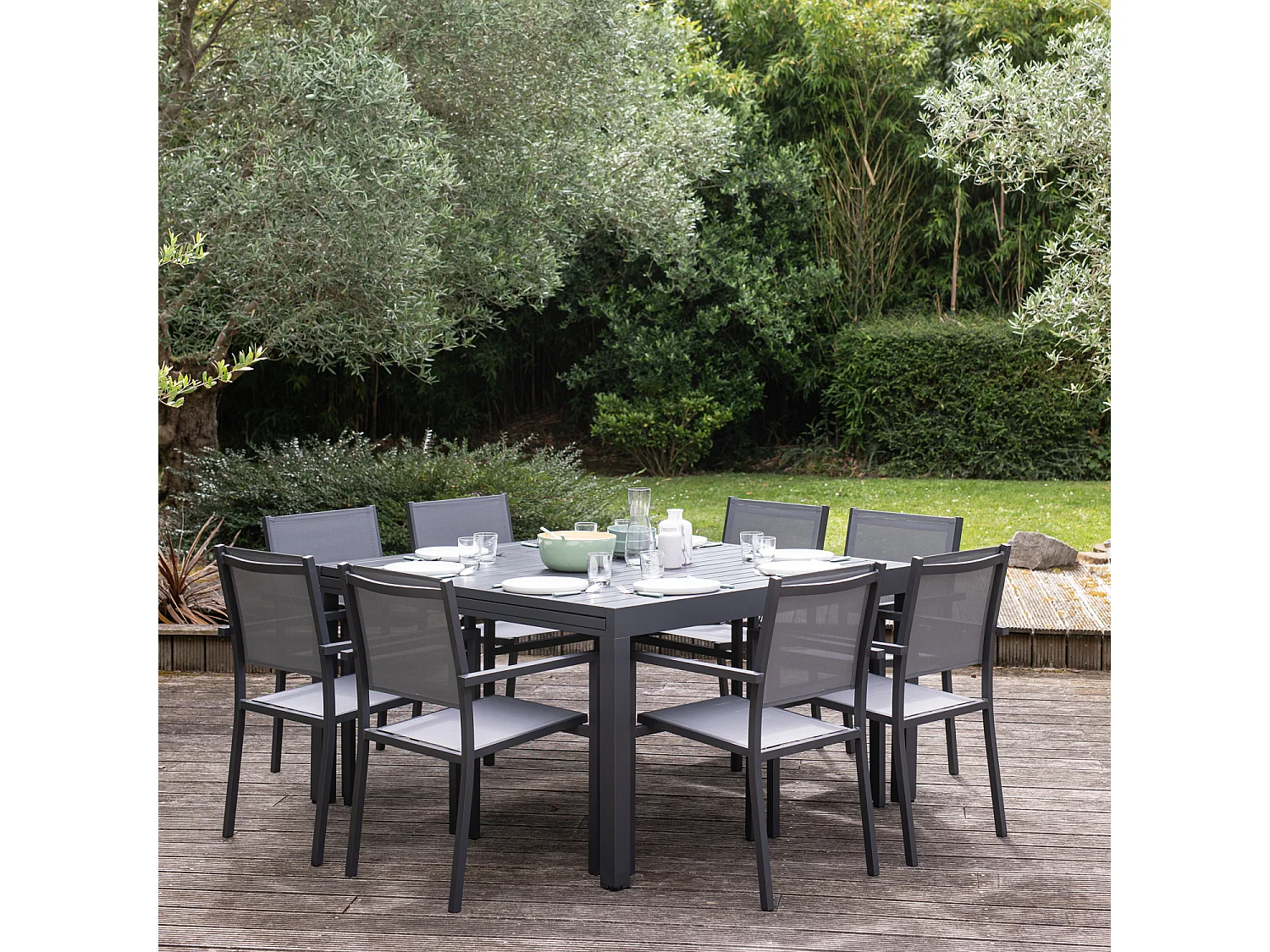 Salon de jardin extensible 10 places de 140/200cm en textilène gris - aluminium anthracite VENEZIA - HAPPY GARDEN