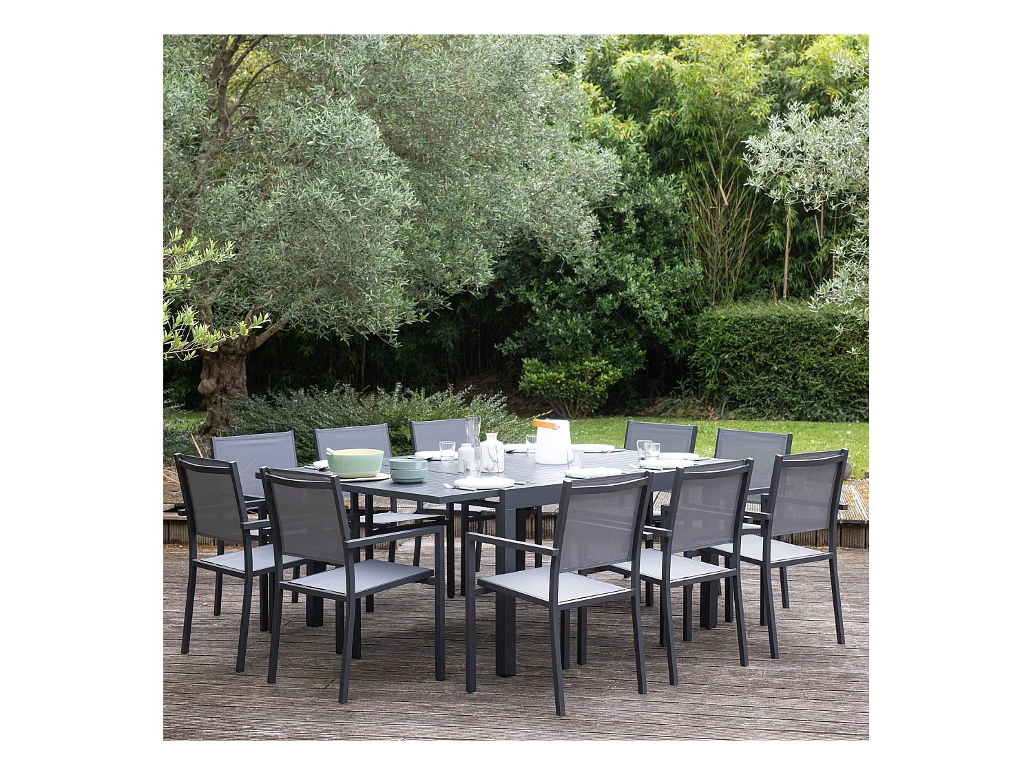Salon de jardin extensible 10 places de 140/200cm en textilène gris - aluminium anthracite VENEZIA - HAPPY GARDEN