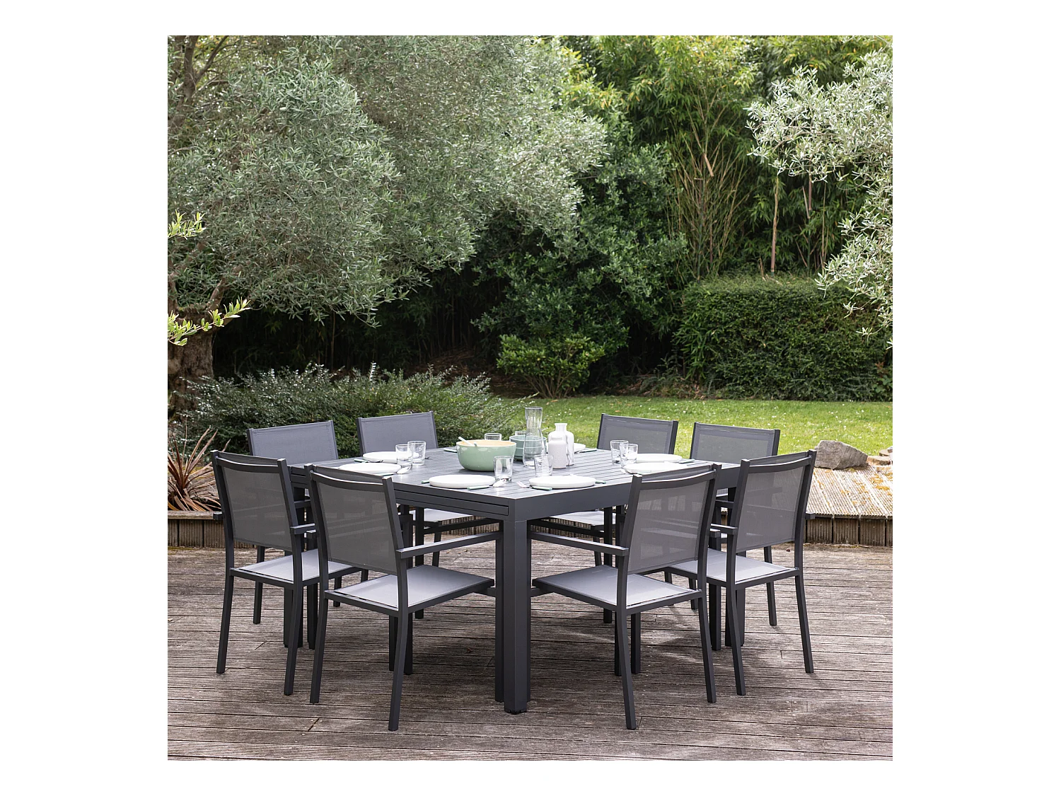 Salon de jardin extensible 10 places de 140/200cm en textilène gris - aluminium anthracite VENEZIA - HAPPY GARDEN