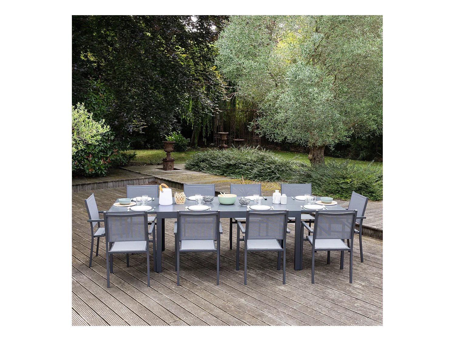 Salon de jardin extensible 10 places de 180/300cm en textilène gris - aluminium anthracite VENEZIA - HAPPY GARDEN