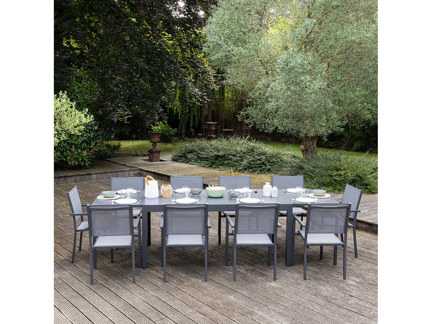 Salon de jardin extensible 10 places de 180/300cm en textilène gris - aluminium anthracite VENEZIA - HAPPY GARDEN