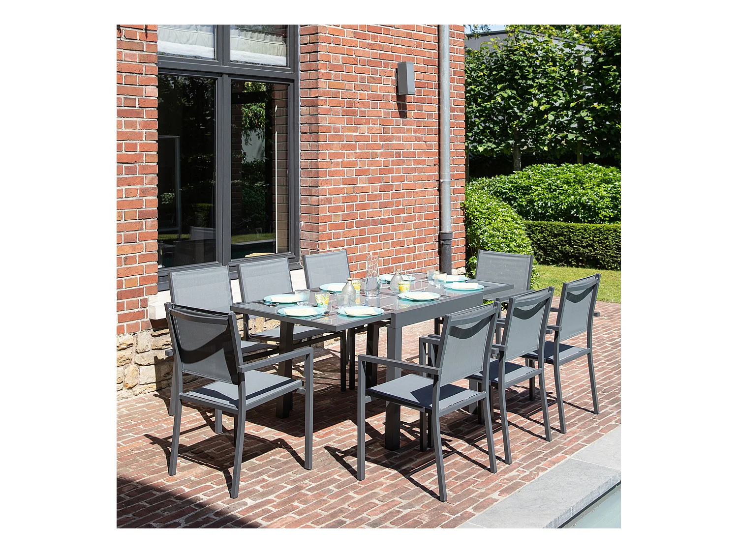 Salon de jardin LAMPEDUSA extensible en textilène gris 8 places - aluminium anthracite - HAPPY GARDEN