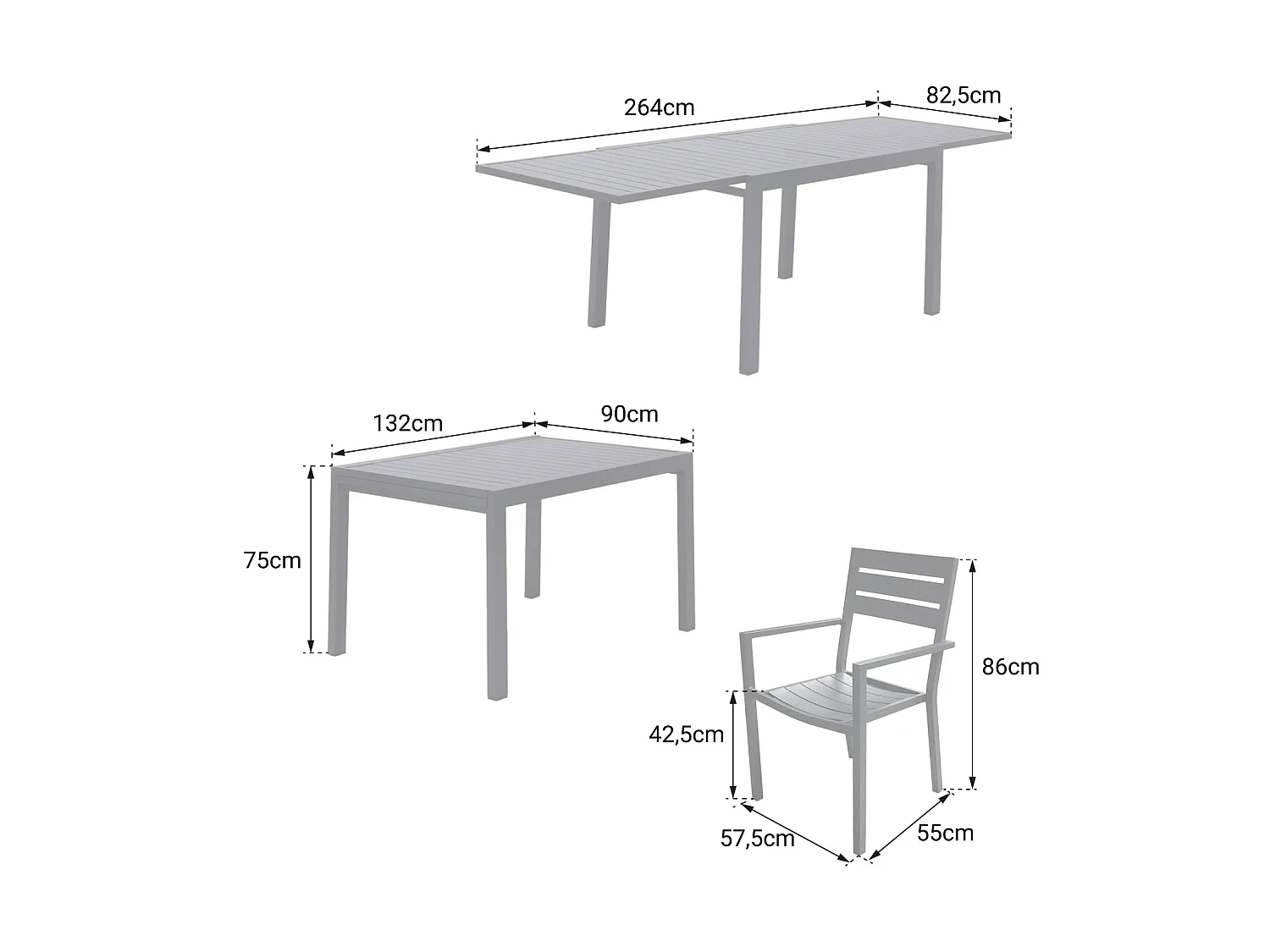 Salon de jardin VENEZIA extensible 132/264 en aluminium anthracite - 10 places - HAPPY GARDEN