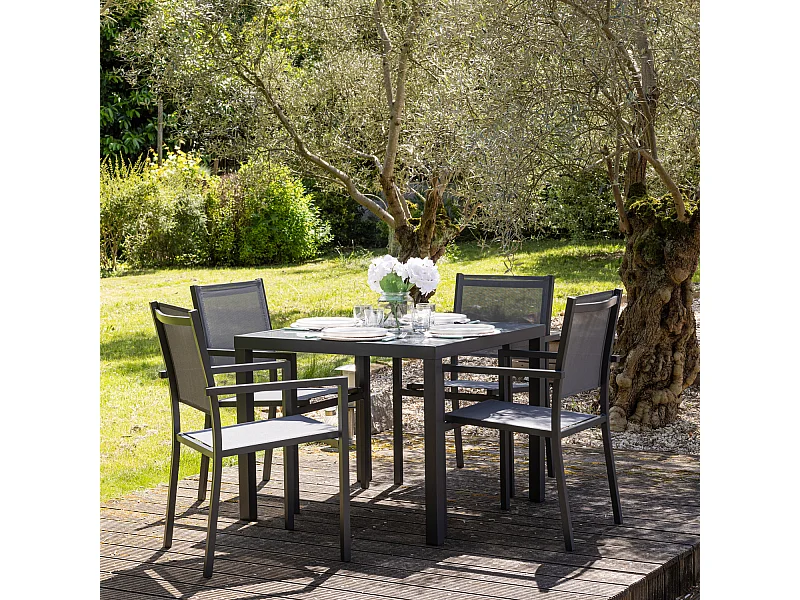 Salon de jardin BERGAMO en textilène gris 4 places - aluminium anthracite - HAPPY GARDEN