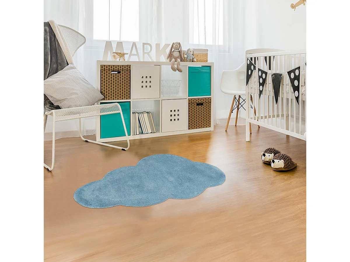 Tapis enfant 90x160 forme originale fait main en coton bleu NUAGE 1