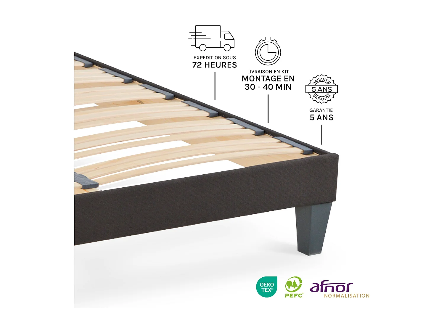 Sommier en Kit 1 Place Tissu Gris 80x200