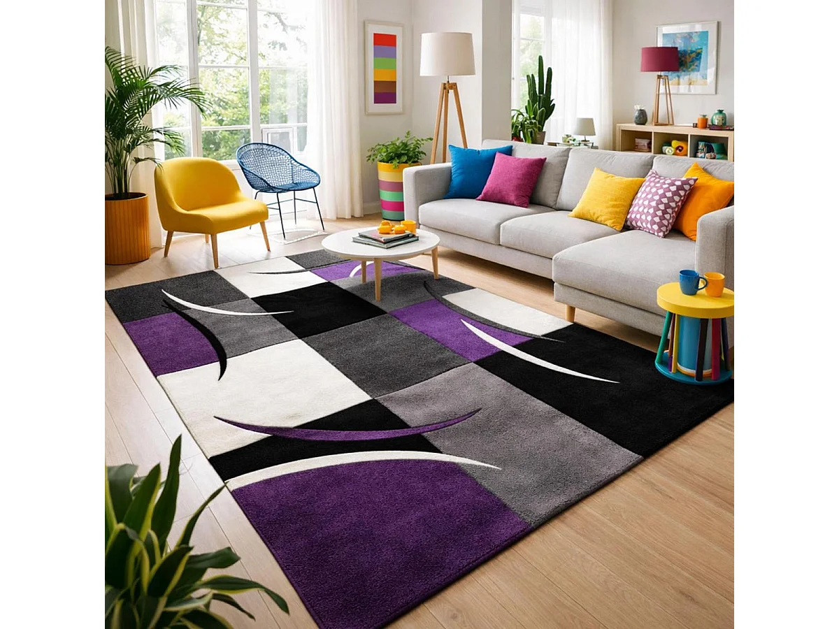 tappeto per sala da pranzo 200x290 tessuto motivo scacchiera rettangolo viola COMMA