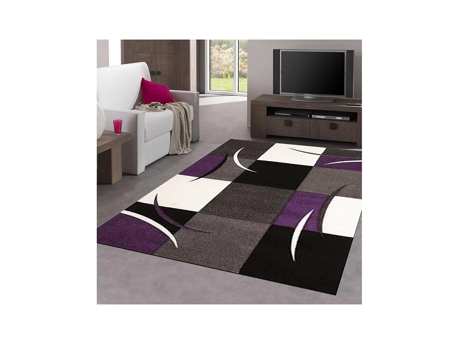 tapis entrée 40x60 tissé violet rectangle motif damier LYN8 COMMA