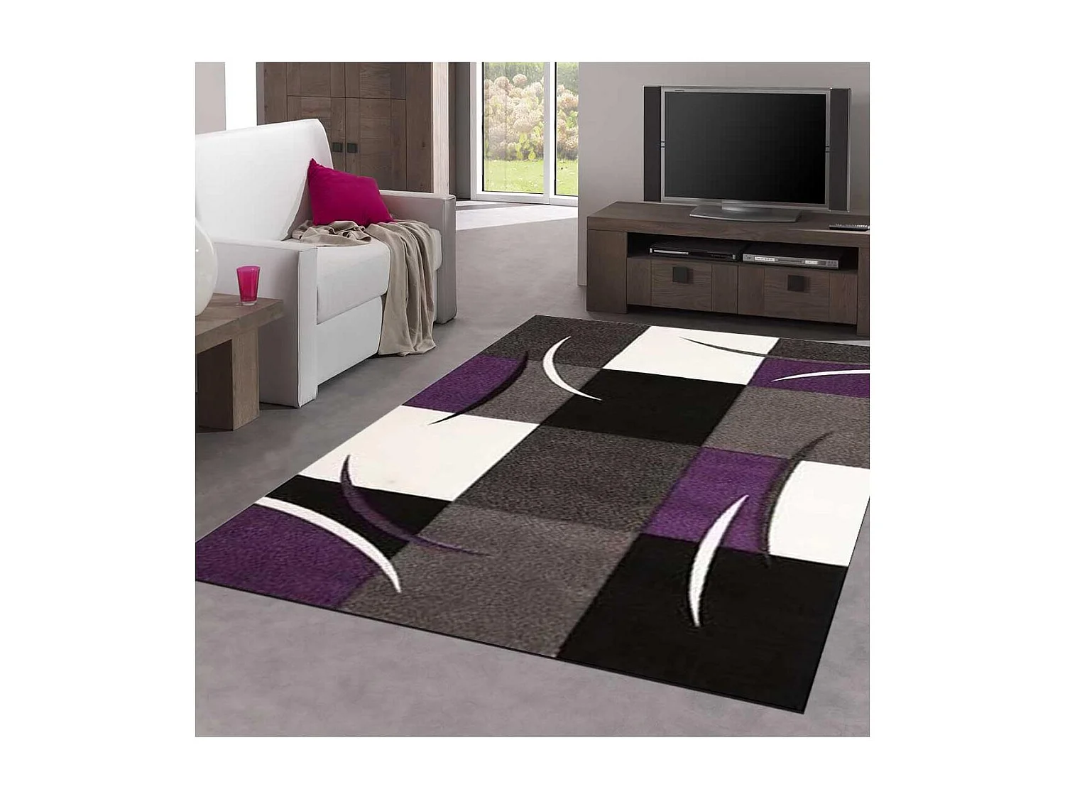 tapis entrée 40x60 tissé violet rectangle motif damier LYN8 COMMA
