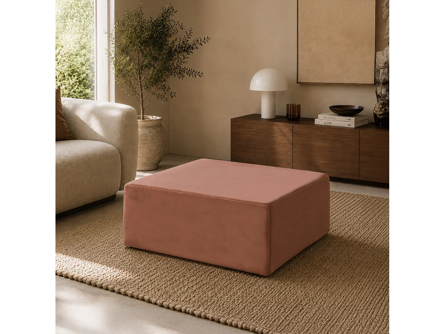 Pouf Carré XL Soren Velours Vieux Rose
