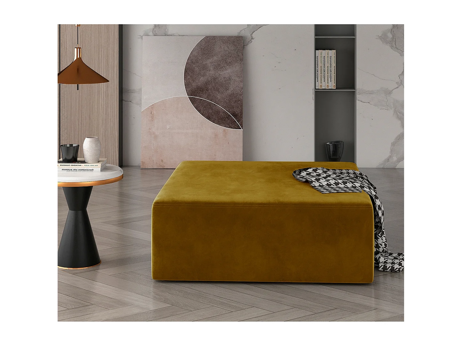 Pouf Carré XL Soren Velours Jaune Moutarde