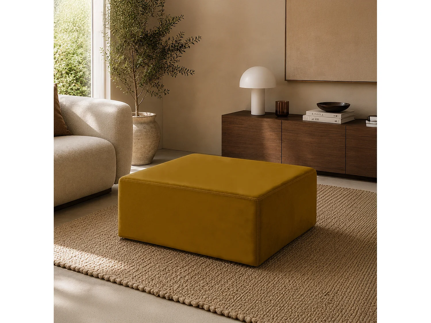 Pouf Carré XL Soren Velours Jaune Moutarde