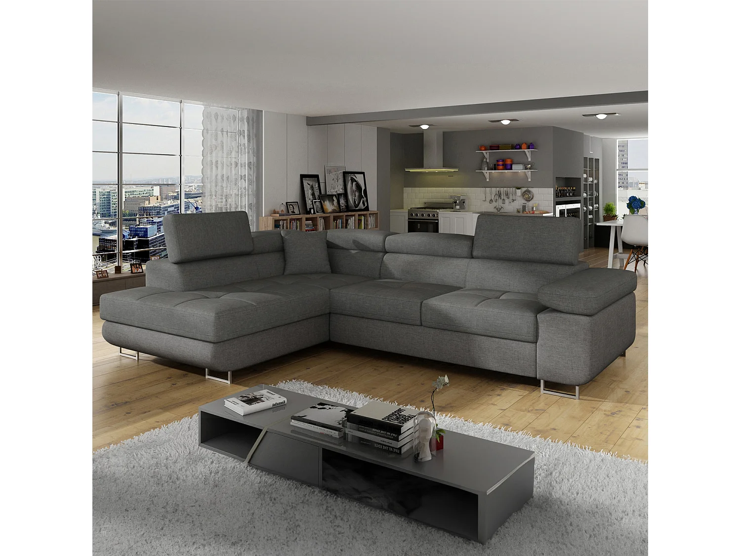 Canapé d'angle gauche convertible Marius tissu Gris