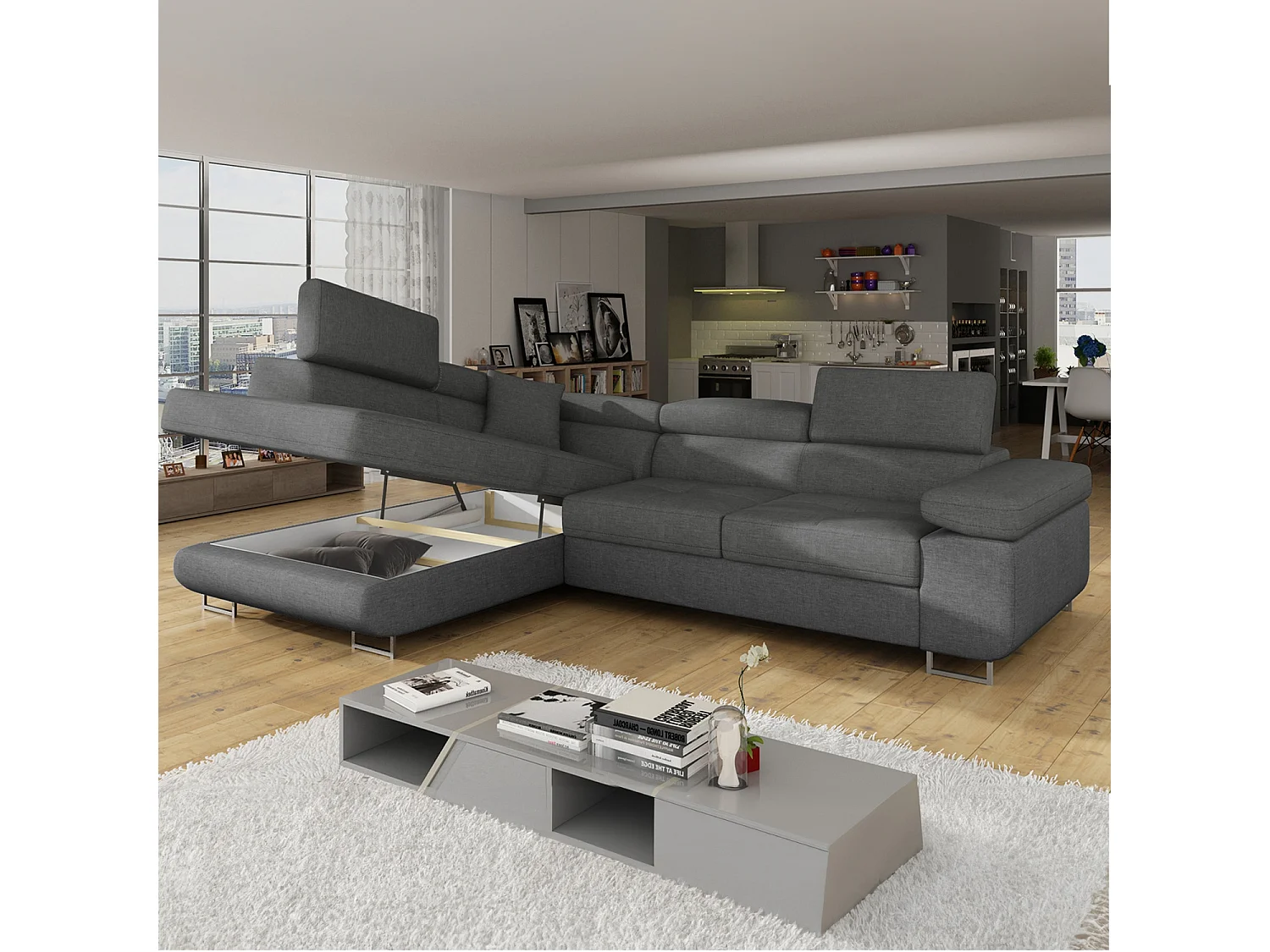 Canapé d'angle gauche convertible Marius tissu Gris