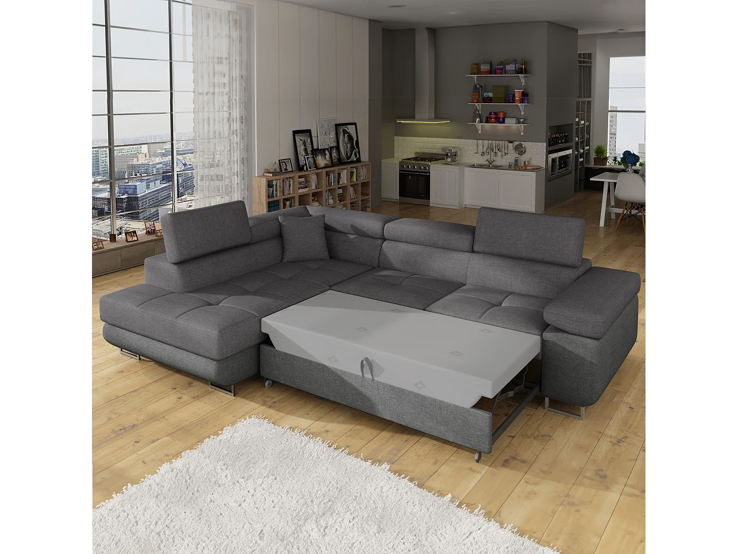 Canapé d'angle gauche convertible Marius tissu Gris