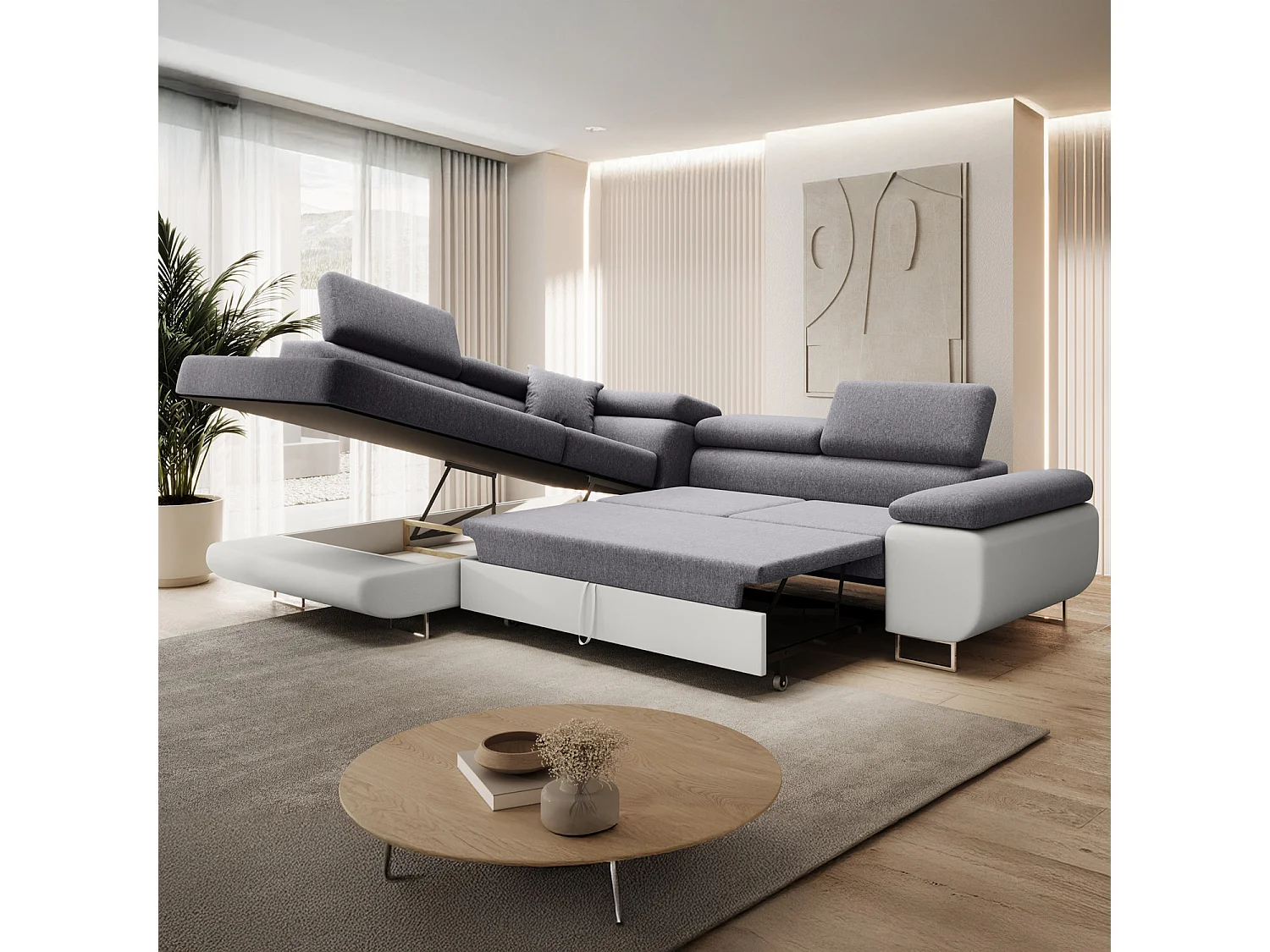 Canapé d'angle gauche convertible Marius Gris et Blanc