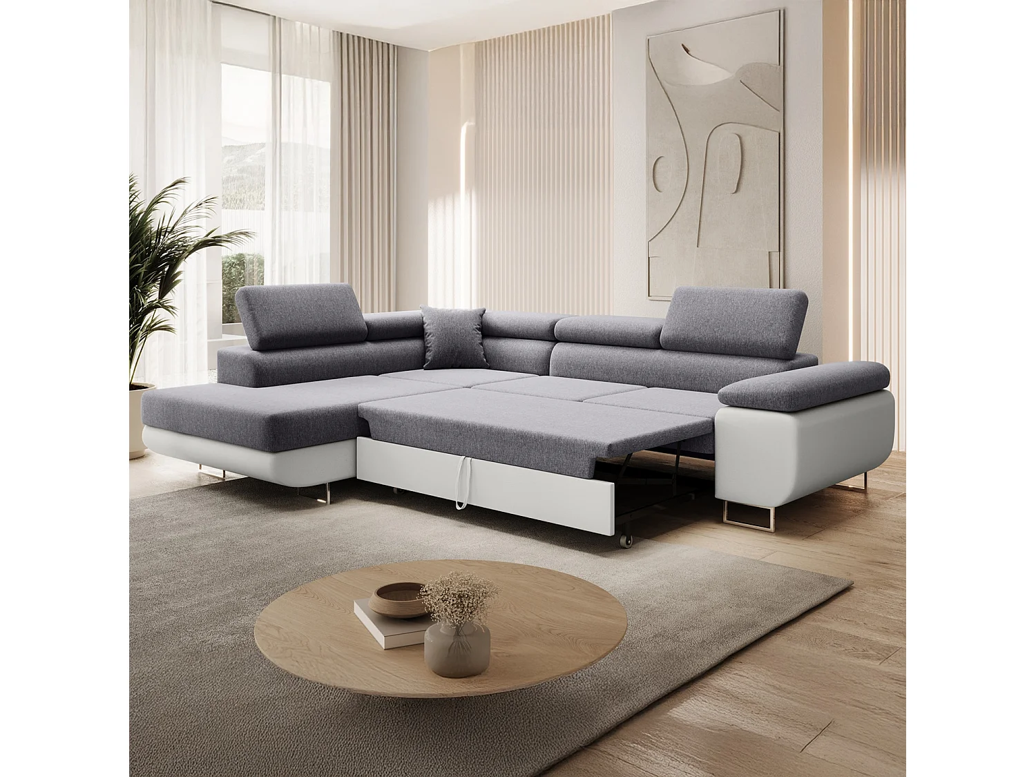 Canapé d'angle gauche convertible Marius Gris et Blanc