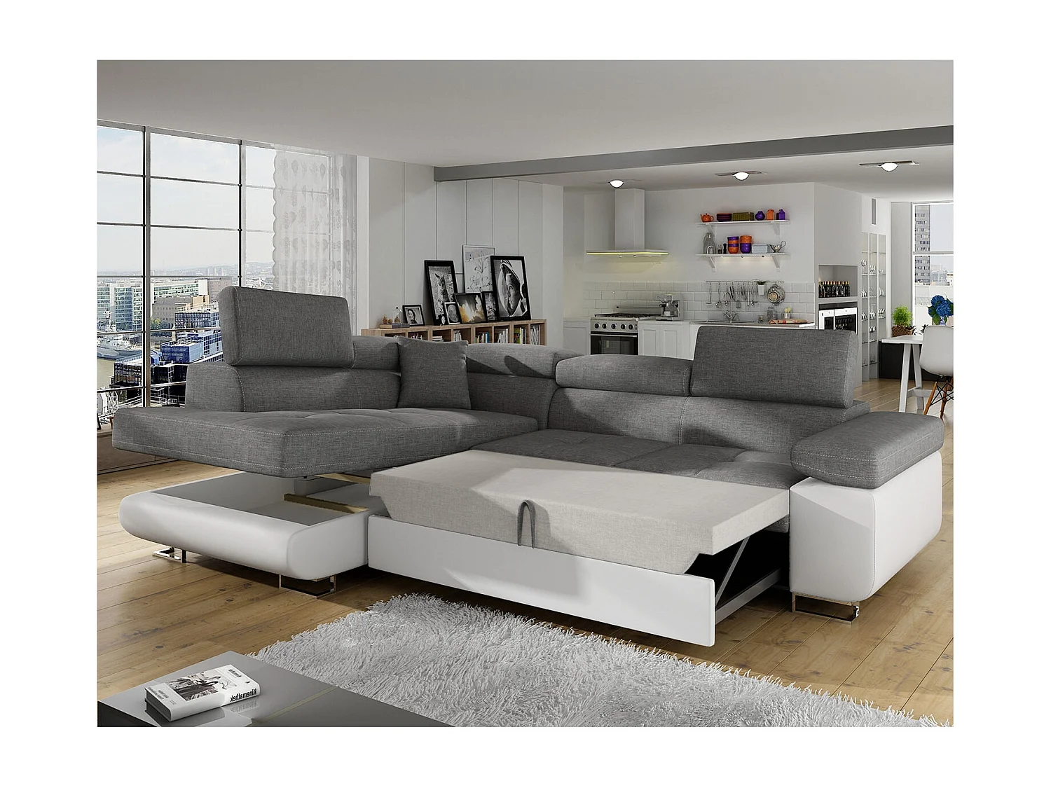 Canapé d'angle gauche convertible Marius Gris et Blanc