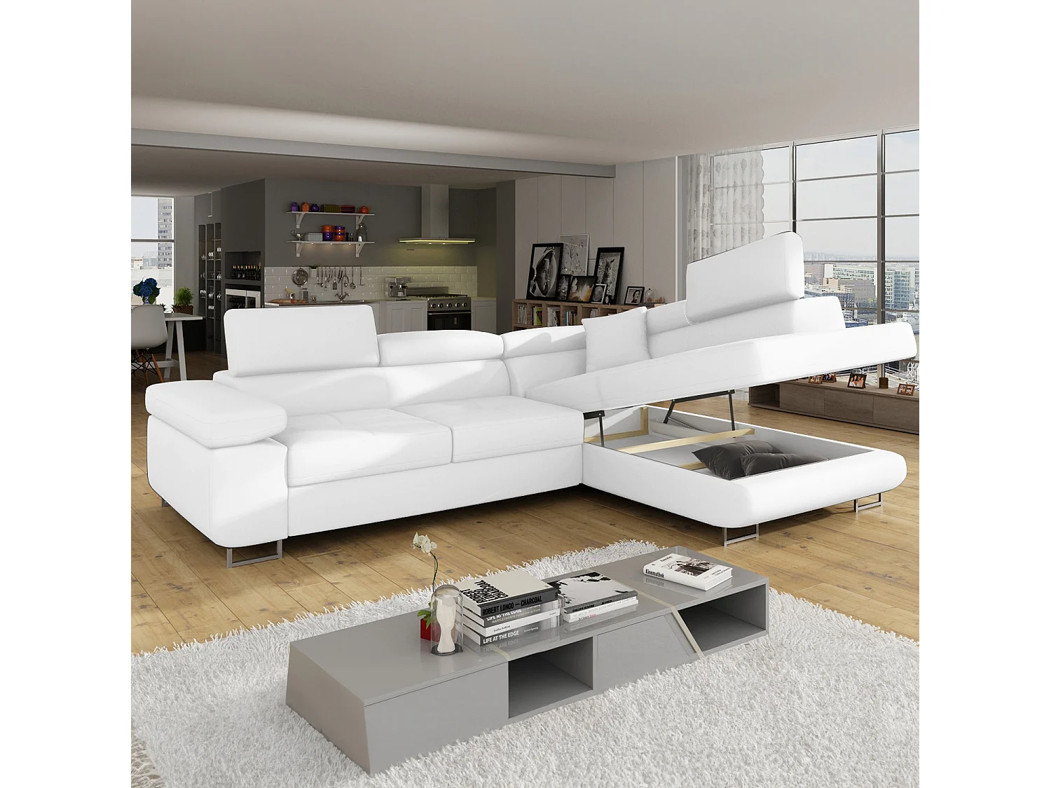 Canapé d'angle droit convertible Marius Simili Blanc