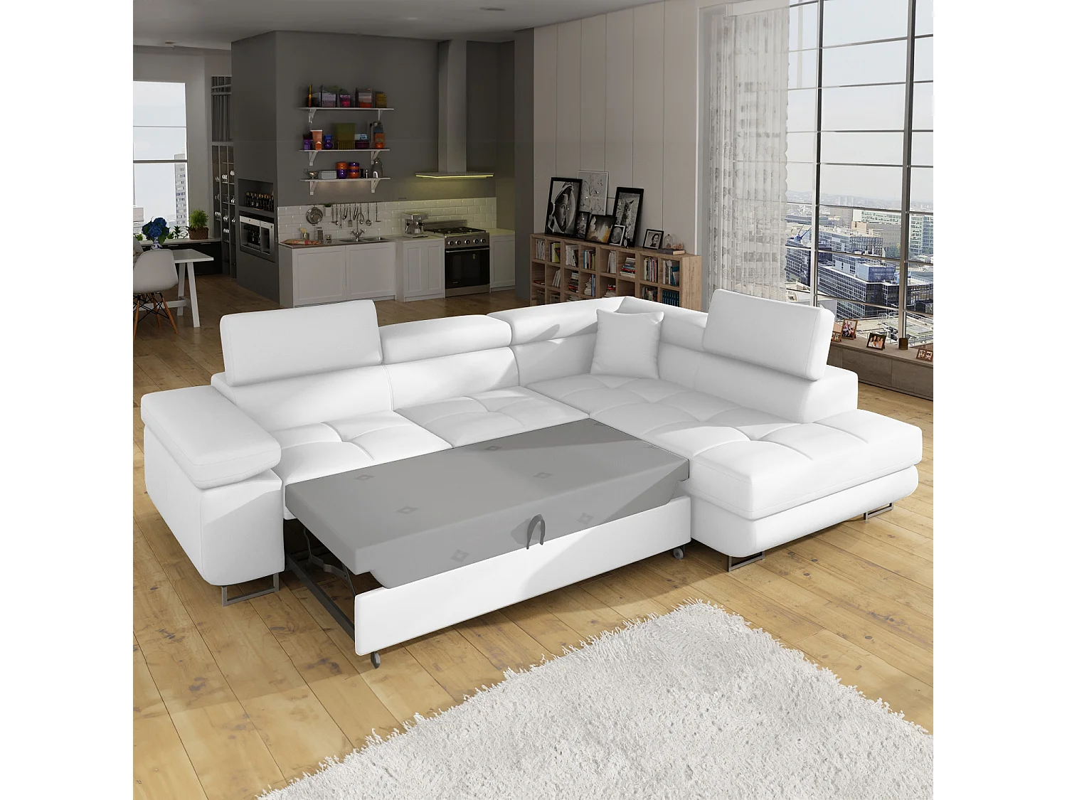 Canapé d'angle droit convertible Marius Simili Blanc