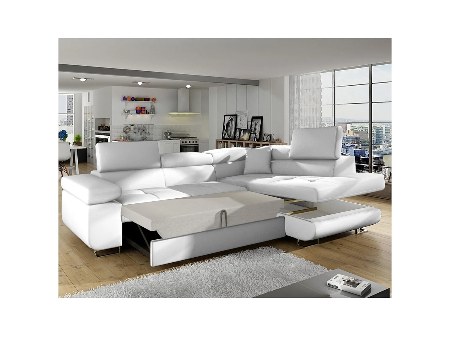 Canapé d'angle droit convertible Marius Simili Blanc
