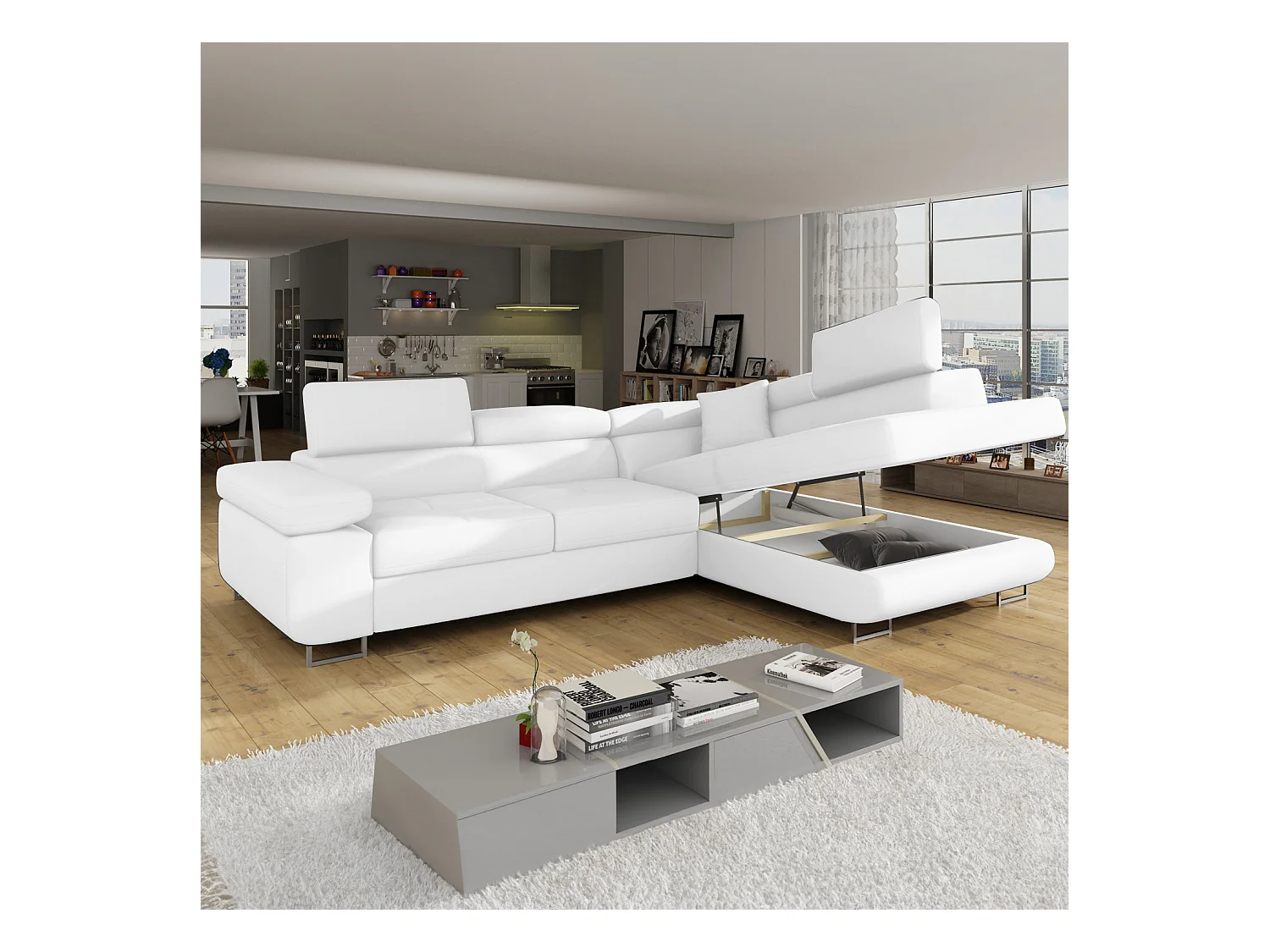 Canapé d'angle droit convertible Marius Simili Blanc