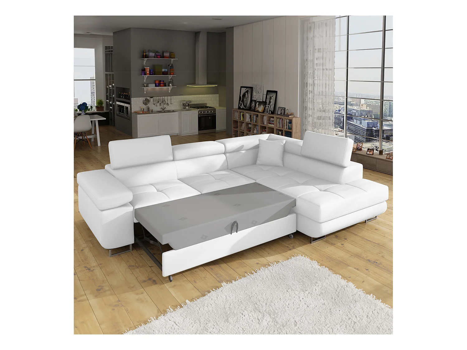 Canapé d'angle droit convertible Marius Simili Blanc