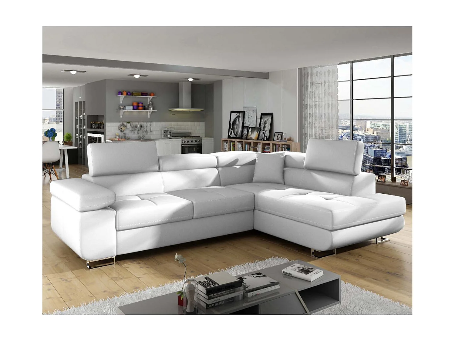 Canapé d'angle droit convertible Marius Simili Blanc
