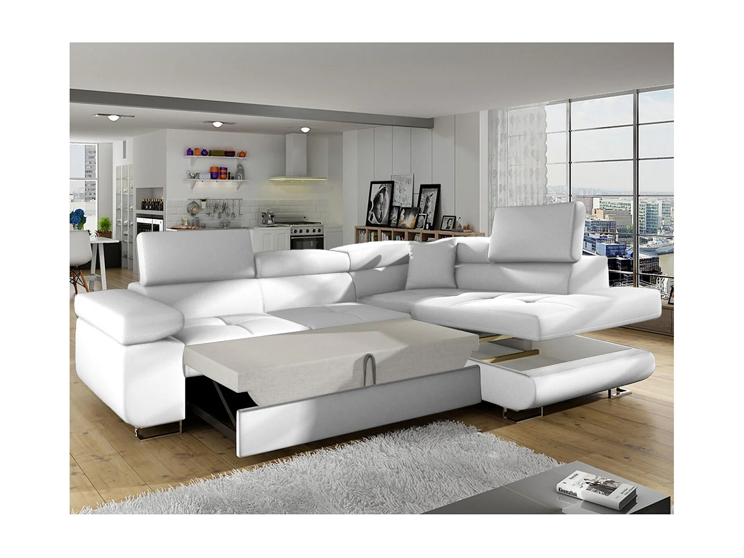 Canapé d'angle droit convertible Marius Simili Blanc