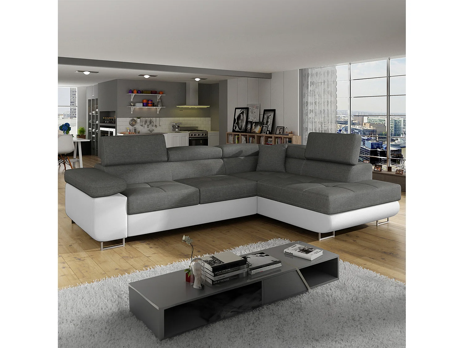 Canapé d'angle droit convertible Marius Gris et Blanc
