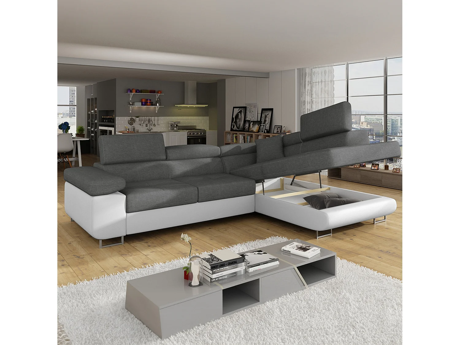 Canapé d'angle droit convertible Marius Gris et Blanc