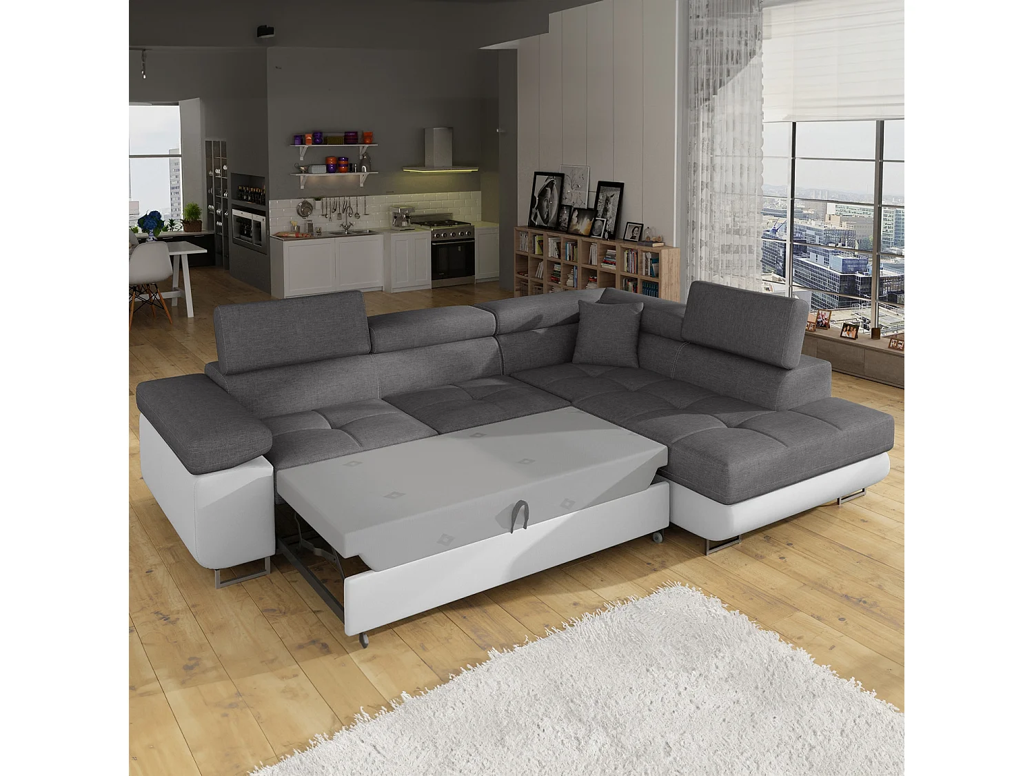 Canapé d'angle droit convertible Marius Gris et Blanc