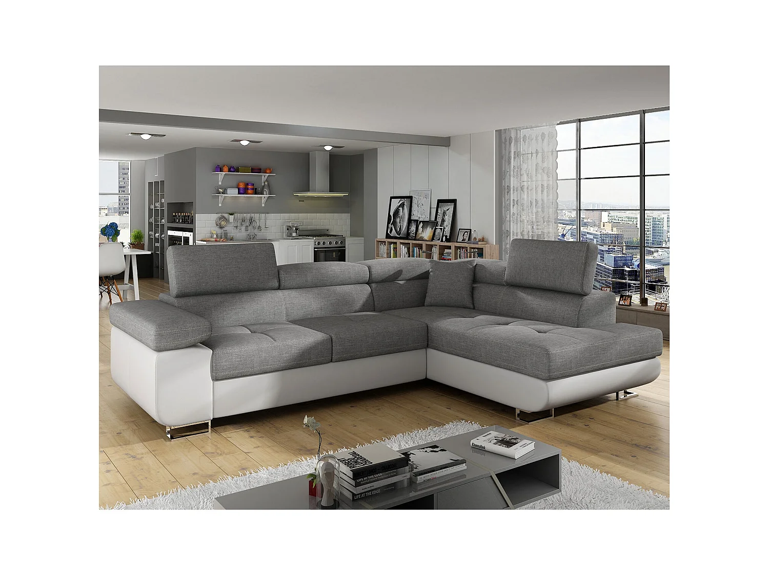 Canapé d'angle droit convertible Marius Gris et Blanc