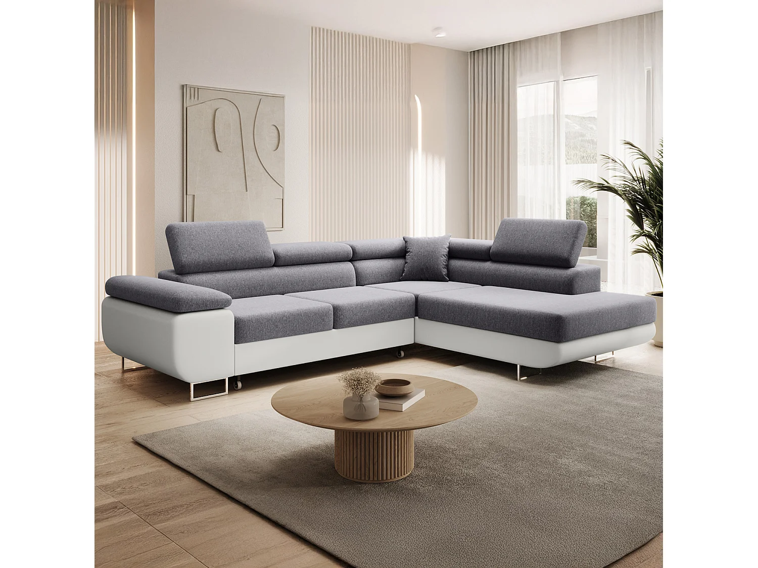 Canapé d'angle droit convertible Marius Gris et Blanc
