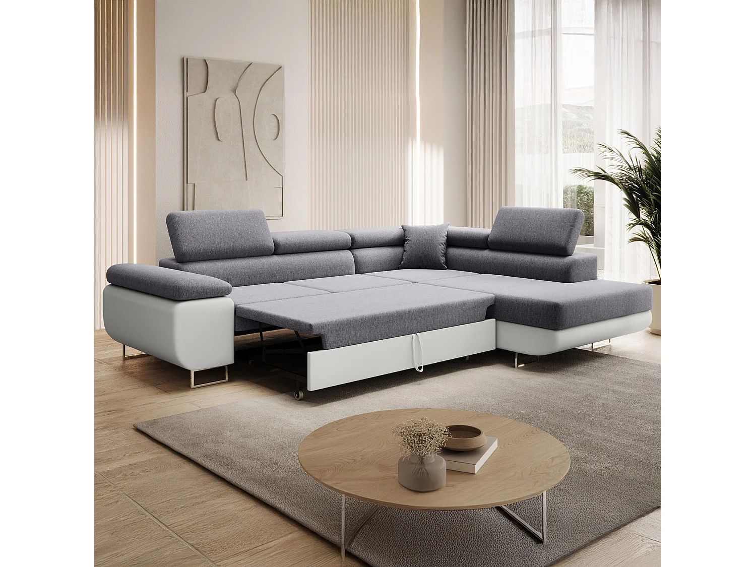 Canapé d'angle droit convertible Marius Gris et Blanc