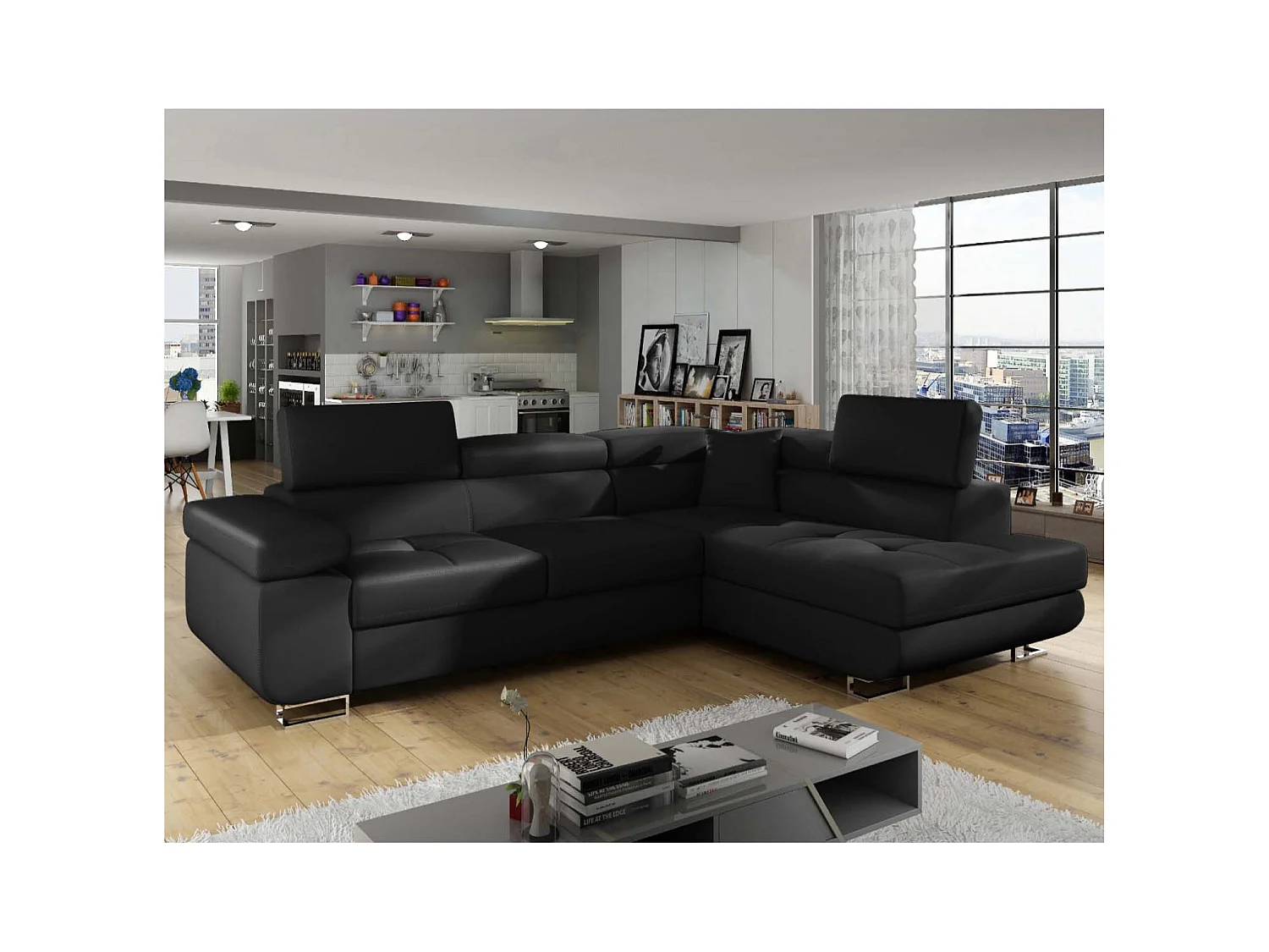 Canapé d'angle droit convertible Marius Simili Noir