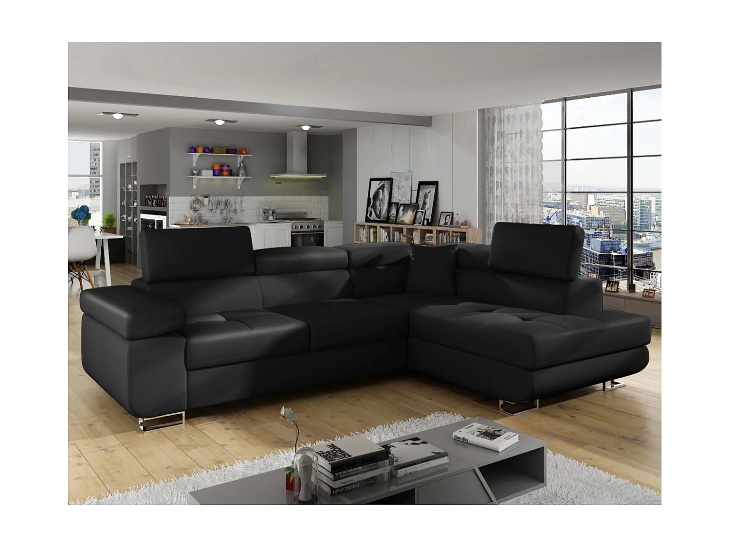 Canapé d'angle droit convertible Marius Simili Noir