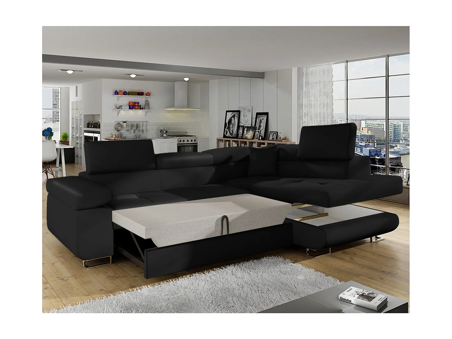 Canapé d'angle droit convertible Marius Simili Noir