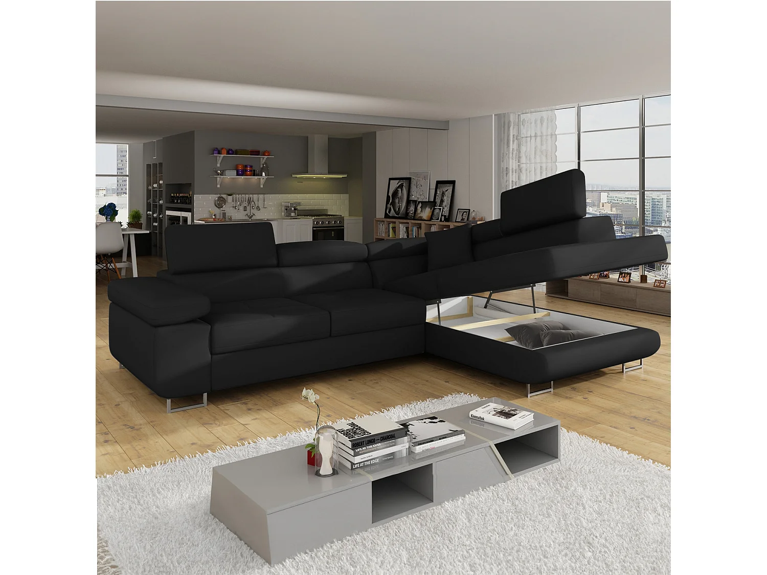 Canapé d'angle droit convertible Marius Simili Noir