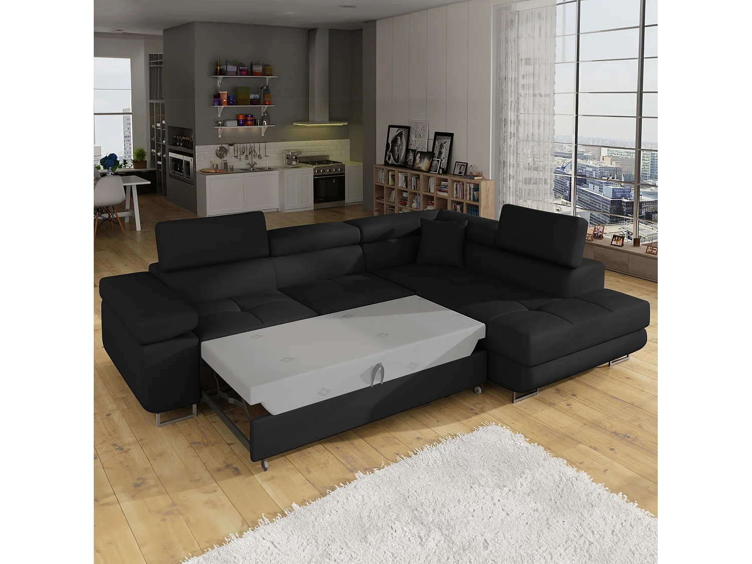 Canapé d'angle droit convertible Marius Simili Noir