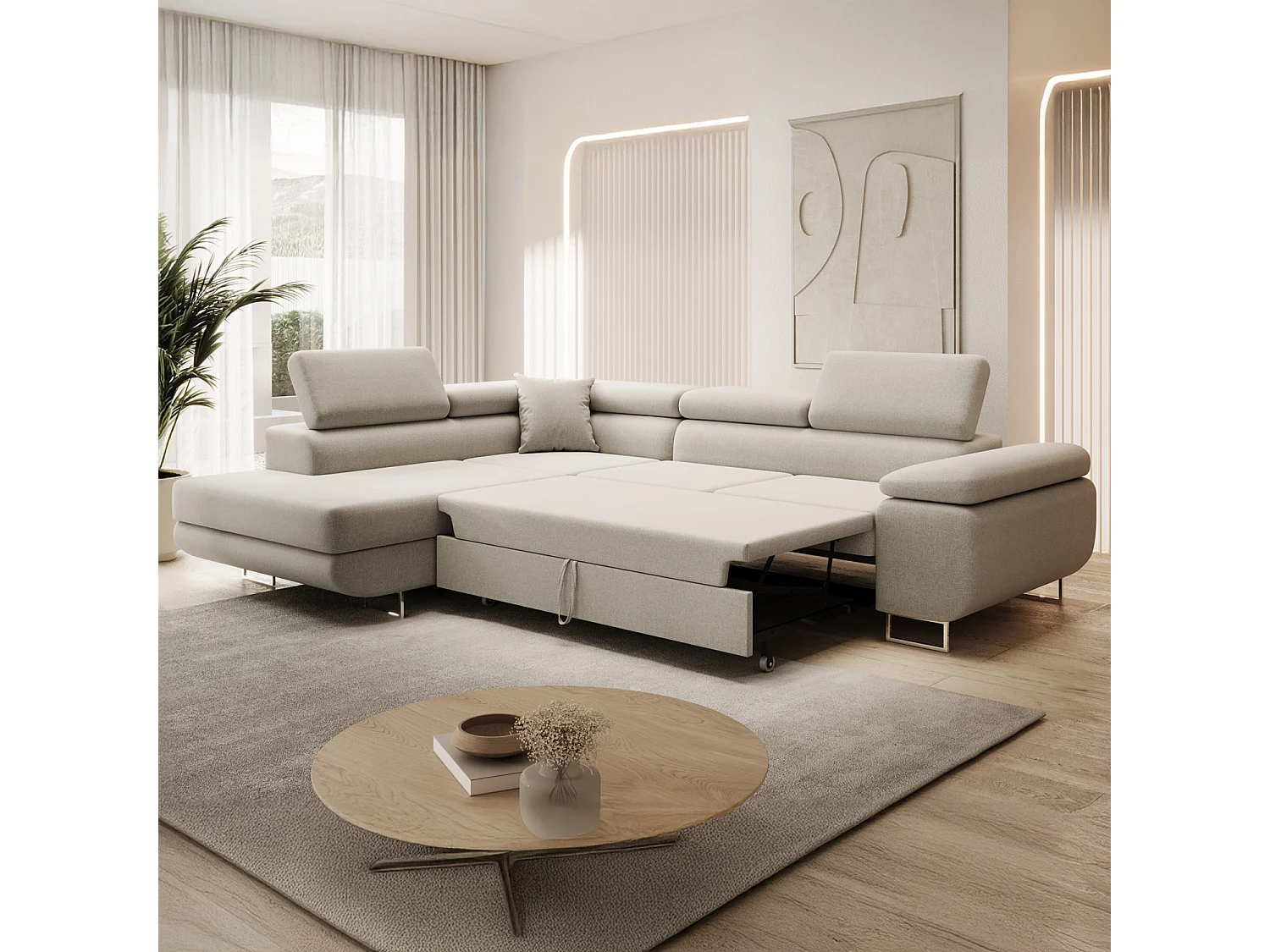 Canapé d'angle gauche convertible Marius tissu Beige