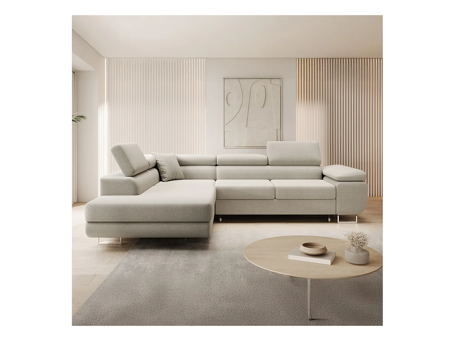 Canapé d'angle gauche convertible Marius tissu Beige
