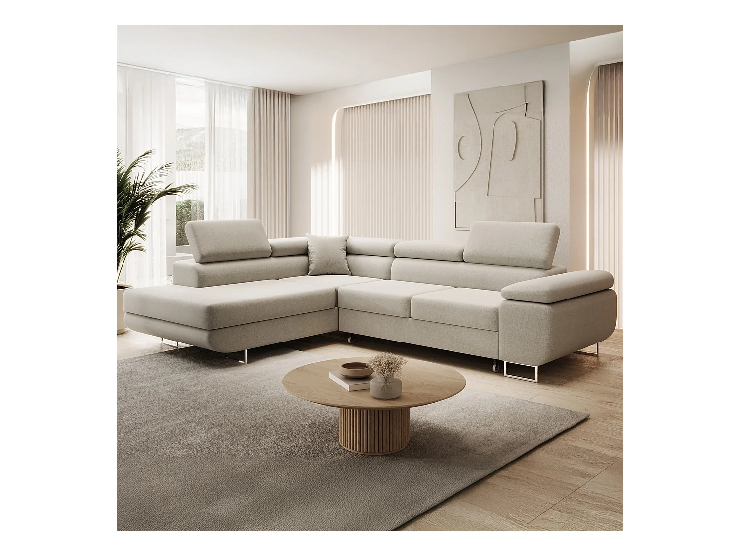Canapé d'angle gauche convertible Marius tissu Beige